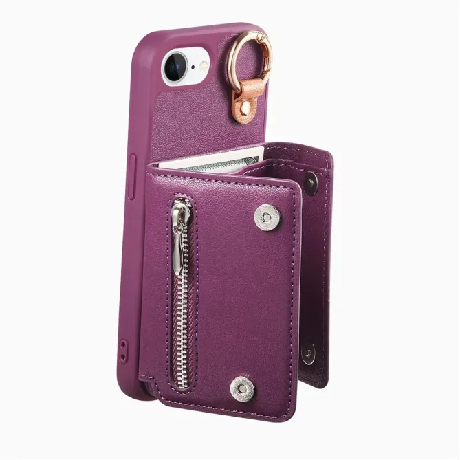 Coque iPhone 17e / 16e Portefeuille Effet Cuir avec Anneau et Fermeture Zippée