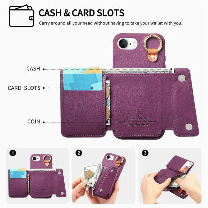 Coque iPhone 17e / 16e Portefeuille Effet Cuir avec Anneau et Fermeture Zippée