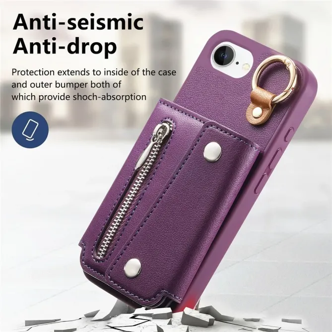 Coque iPhone 17e / 16e Portefeuille Effet Cuir avec Anneau et Fermeture Zippée