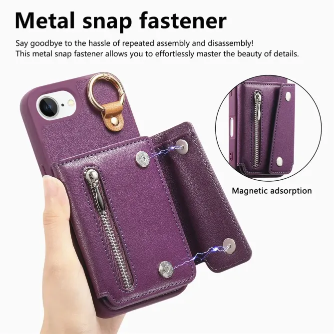 Coque iPhone 17e / 16e Portefeuille Effet Cuir avec Anneau et Fermeture Zippée