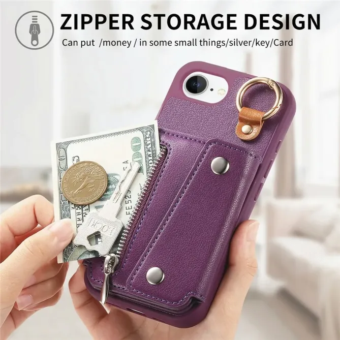 Coque iPhone 17e / 16e Portefeuille Effet Cuir avec Anneau et Fermeture Zippée