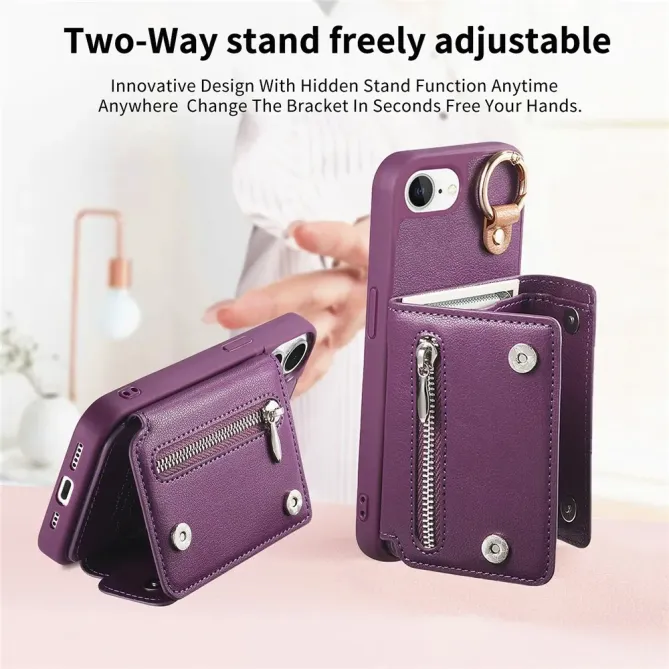 Coque iPhone 17e / 16e Portefeuille Effet Cuir avec Anneau et Fermeture Zippée