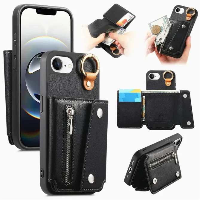 Coque iPhone 17e / 16e Portefeuille Effet Cuir avec Anneau et Fermeture Zippée