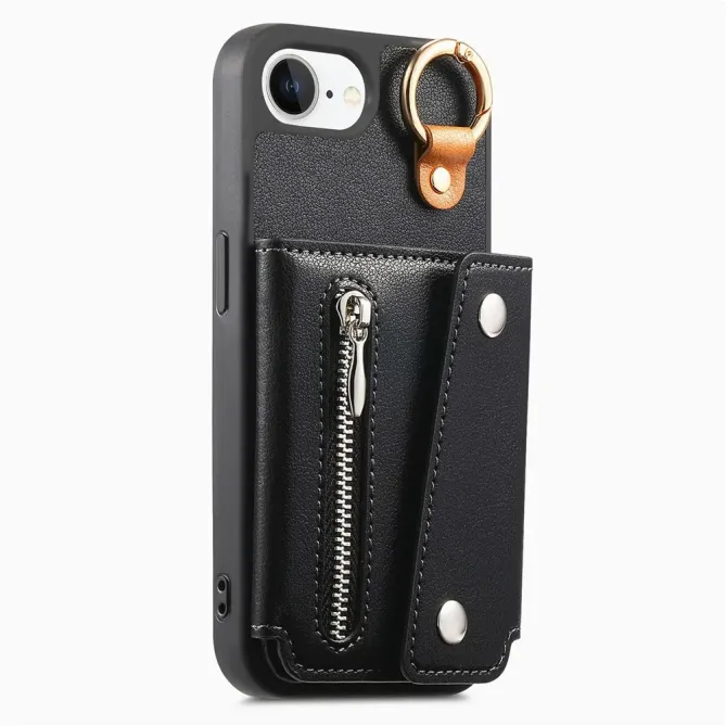 Coque iPhone 17e / 16e Portefeuille Effet Cuir avec Anneau et Fermeture Zippée
