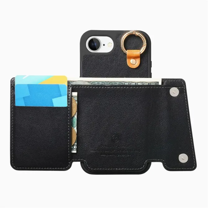 Coque iPhone 17e / 16e Portefeuille Effet Cuir avec Anneau et Fermeture Zippée