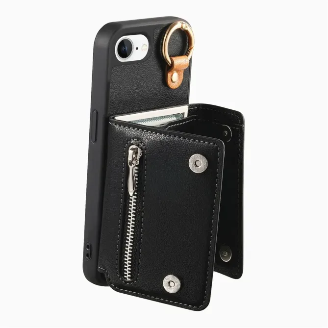 Coque iPhone 17e / 16e Portefeuille Effet Cuir avec Anneau et Fermeture Zippée