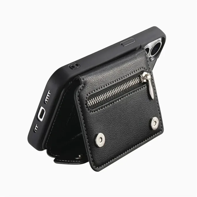 Coque iPhone 17e / 16e Portefeuille Effet Cuir avec Anneau et Fermeture Zippée