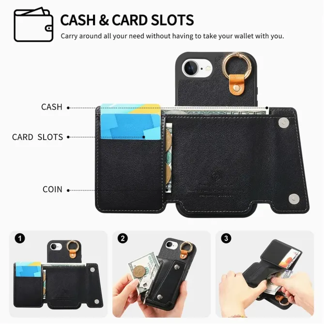 Coque iPhone 17e / 16e Portefeuille Effet Cuir avec Anneau et Fermeture Zippée