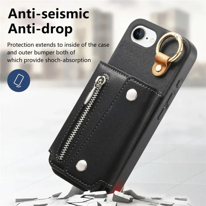Coque iPhone 17e / 16e Portefeuille Effet Cuir avec Anneau et Fermeture Zippée
