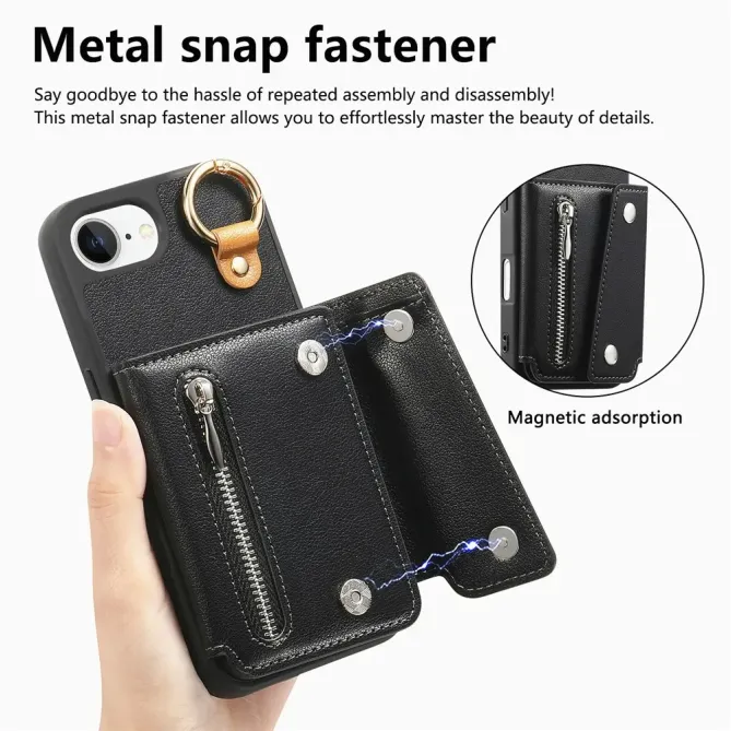 Coque iPhone 17e / 16e Portefeuille Effet Cuir avec Anneau et Fermeture Zippée