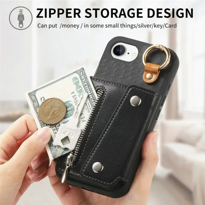 Coque iPhone 17e / 16e Portefeuille Effet Cuir avec Anneau et Fermeture Zippée