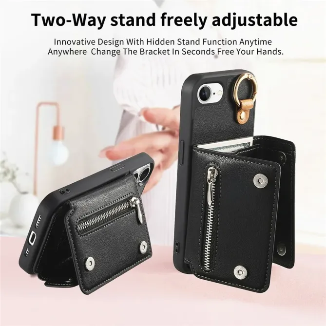 Coque iPhone 17e / 16e Portefeuille Effet Cuir avec Anneau et Fermeture Zippée