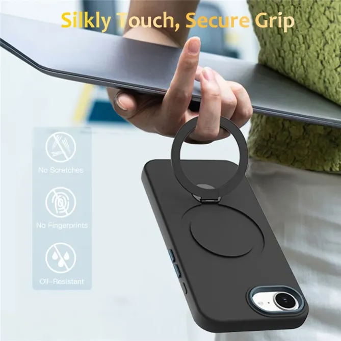 Coque iPhone 17e / 16e Compatible MagSafe Silicone avec Anneau Support Rotatif