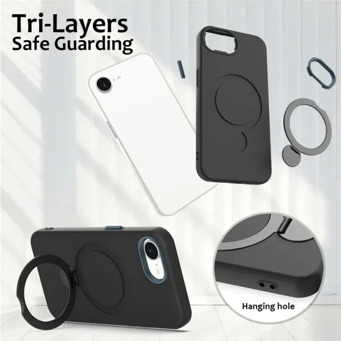 Coque iPhone 17e / 16e Compatible MagSafe Silicone avec Anneau Support Rotatif