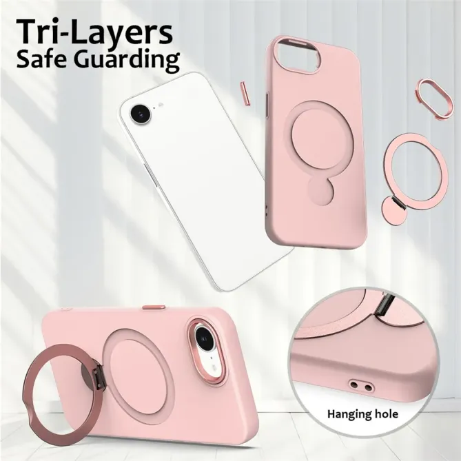 Coque iPhone 17e / 16e Compatible MagSafe Silicone avec Anneau Support Rotatif
