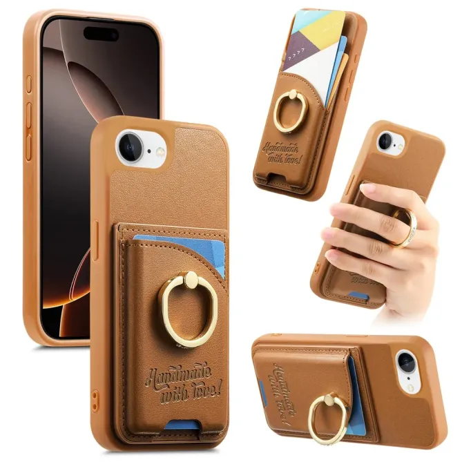 Coque iPhone 17e / 16e Effet Cuir Porte-Carte avec Anneau Strass et Support