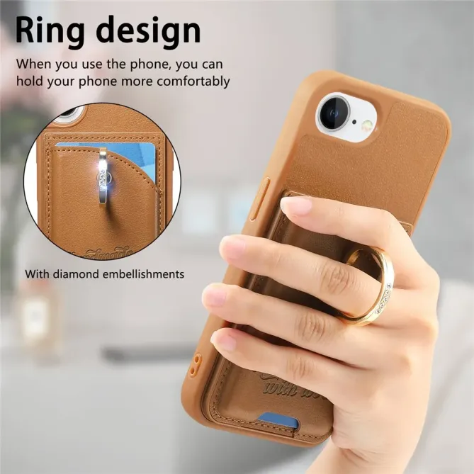 Coque iPhone 17e / 16e Effet Cuir Porte-Carte avec Anneau Strass et Support