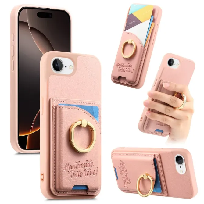 Coque iPhone 17e / 16e Effet Cuir Porte-Carte avec Anneau Strass et Support