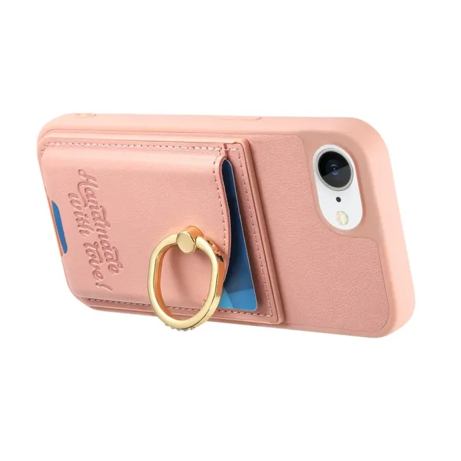 Coque iPhone 17e / 16e Effet Cuir Porte-Carte avec Anneau Strass et Support