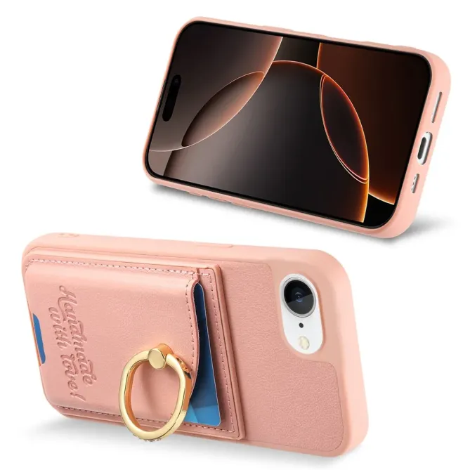 Coque iPhone 17e / 16e Effet Cuir Porte-Carte avec Anneau Strass et Support