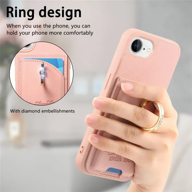 Coque iPhone 17e / 16e Effet Cuir Porte-Carte avec Anneau Strass et Support