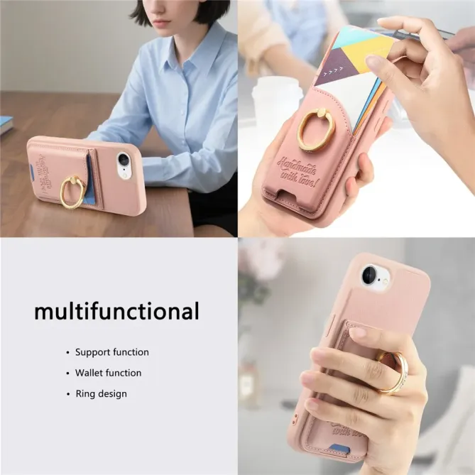 Coque iPhone 17e / 16e Effet Cuir Porte-Carte avec Anneau Strass et Support