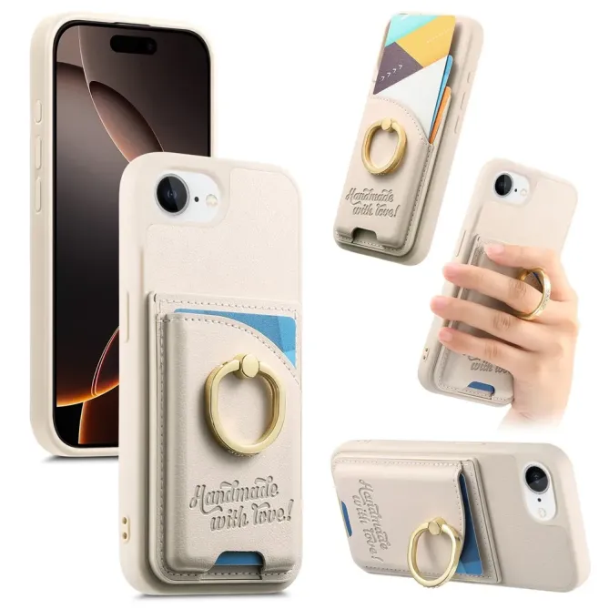 Coque iPhone 17e / 16e Effet Cuir Porte-Carte avec Anneau Strass et Support