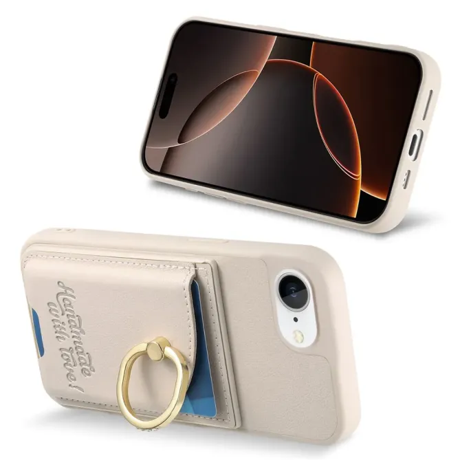 Coque iPhone 17e / 16e Effet Cuir Porte-Carte avec Anneau Strass et Support