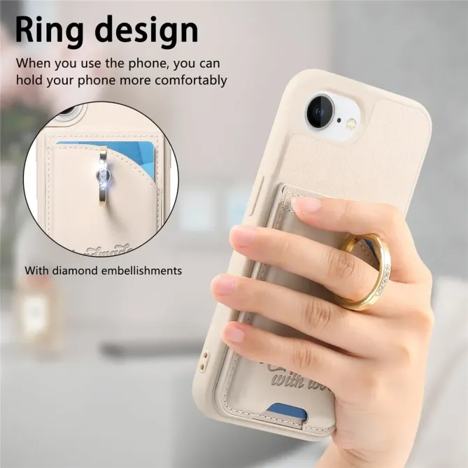 Coque iPhone 17e / 16e Effet Cuir Porte-Carte avec Anneau Strass et Support