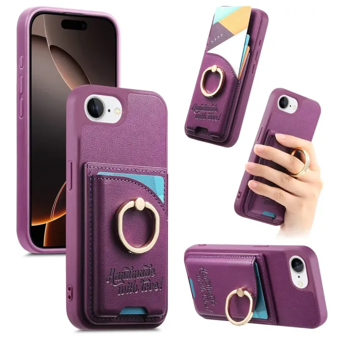 Coque iPhone 17e / 16e Effet Cuir Porte-Carte avec Anneau Strass et Support