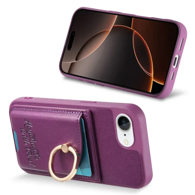 Coque iPhone 17e / 16e Effet Cuir Porte-Carte avec Anneau Strass et Support
