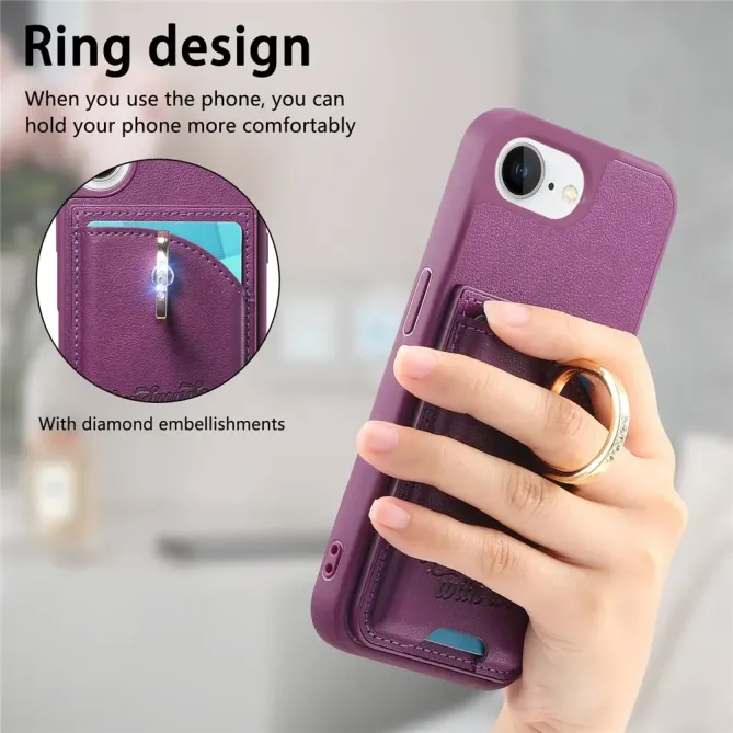 Coque iPhone 17e / 16e Effet Cuir Porte-Carte avec Anneau Strass et Support