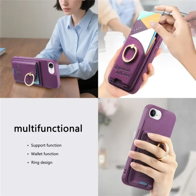 Coque iPhone 17e / 16e Effet Cuir Porte-Carte avec Anneau Strass et Support