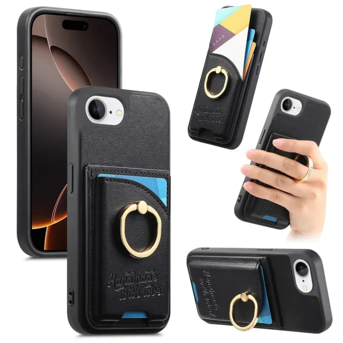 Coque iPhone 17e / 16e Effet Cuir Porte-Carte avec Anneau Strass et Support