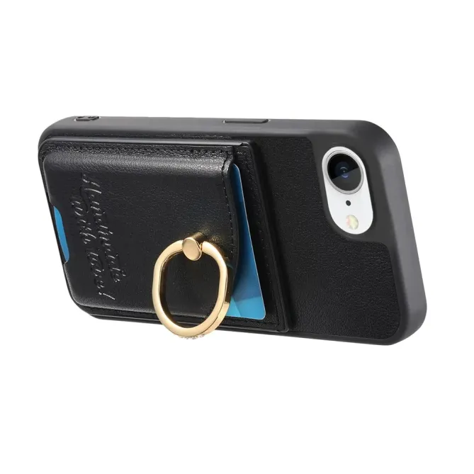 Coque iPhone 17e / 16e Effet Cuir Porte-Carte avec Anneau Strass et Support
