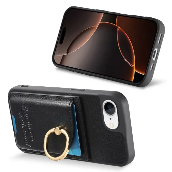 Coque iPhone 17e / 16e Effet Cuir Porte-Carte avec Anneau Strass et Support