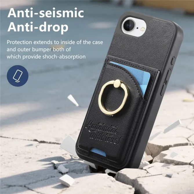 Coque iPhone 17e / 16e Effet Cuir Porte-Carte avec Anneau Strass et Support