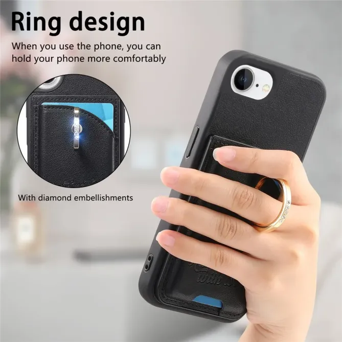 Coque iPhone 17e / 16e Effet Cuir Porte-Carte avec Anneau Strass et Support