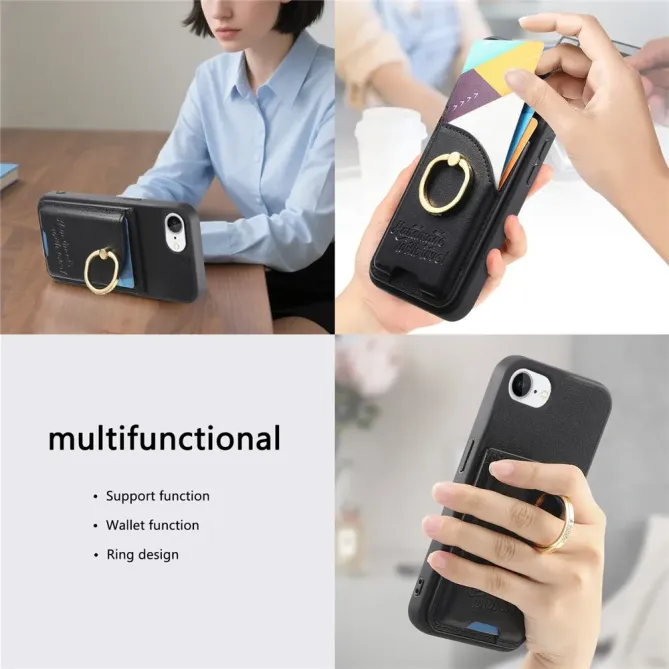 Coque iPhone 17e / 16e Effet Cuir Porte-Carte avec Anneau Strass et Support
