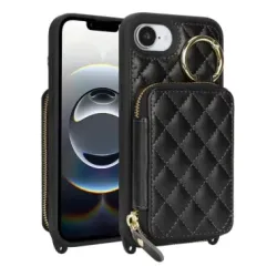 Coque iPhone 17e / 16e Portefeuille Zippé Matelassé avec Bandoulière