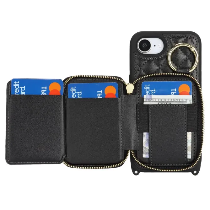 Coque iPhone 17e / 16e Portefeuille Zippé Matelassé avec Bandoulière