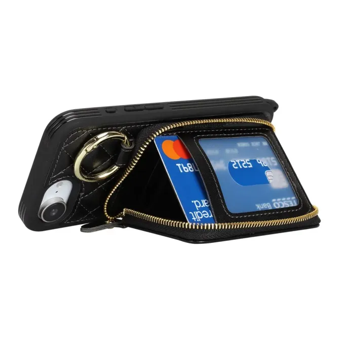 Coque iPhone 17e / 16e Portefeuille Zippé Matelassé avec Bandoulière