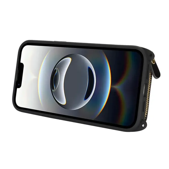 Coque iPhone 17e / 16e Portefeuille Zippé Matelassé avec Bandoulière