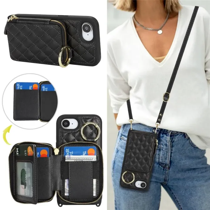 Coque iPhone 17e / 16e Portefeuille Zippé Matelassé avec Bandoulière