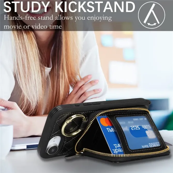 Coque iPhone 17e / 16e Portefeuille Zippé Matelassé avec Bandoulière