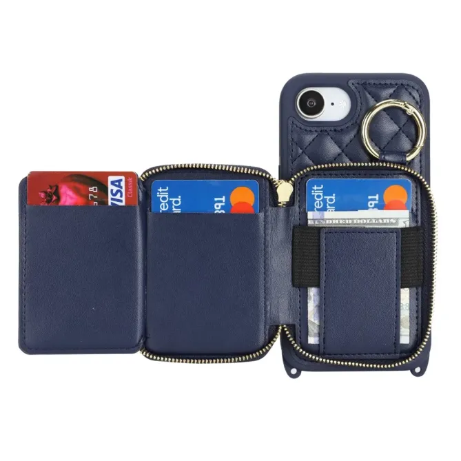 Coque iPhone 17e / 16e Portefeuille Zippé Matelassé avec Bandoulière