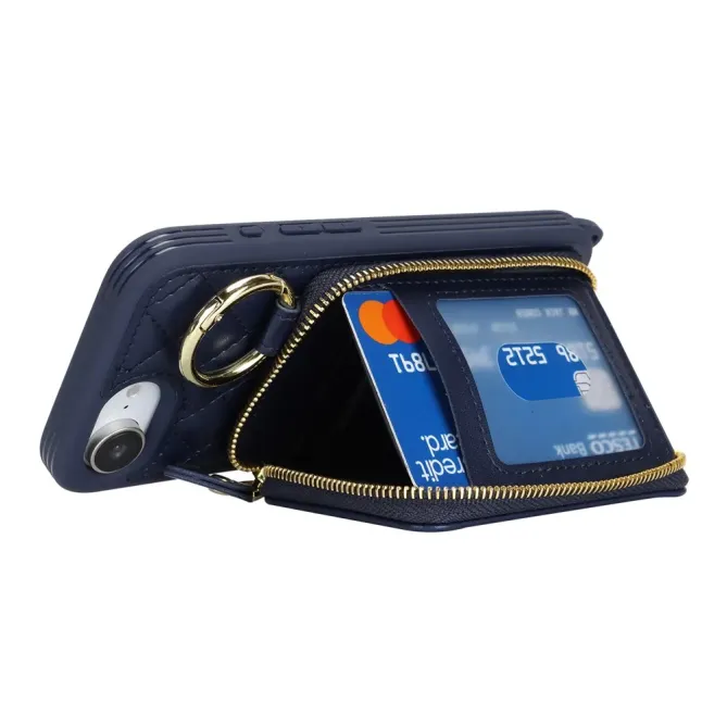 Coque iPhone 17e / 16e Portefeuille Zippé Matelassé avec Bandoulière