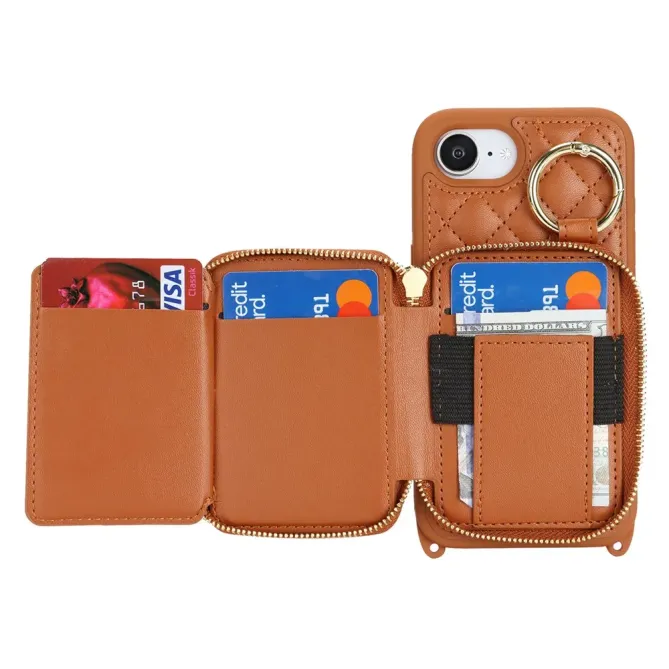 Coque iPhone 17e / 16e Portefeuille Zippé Matelassé avec Bandoulière