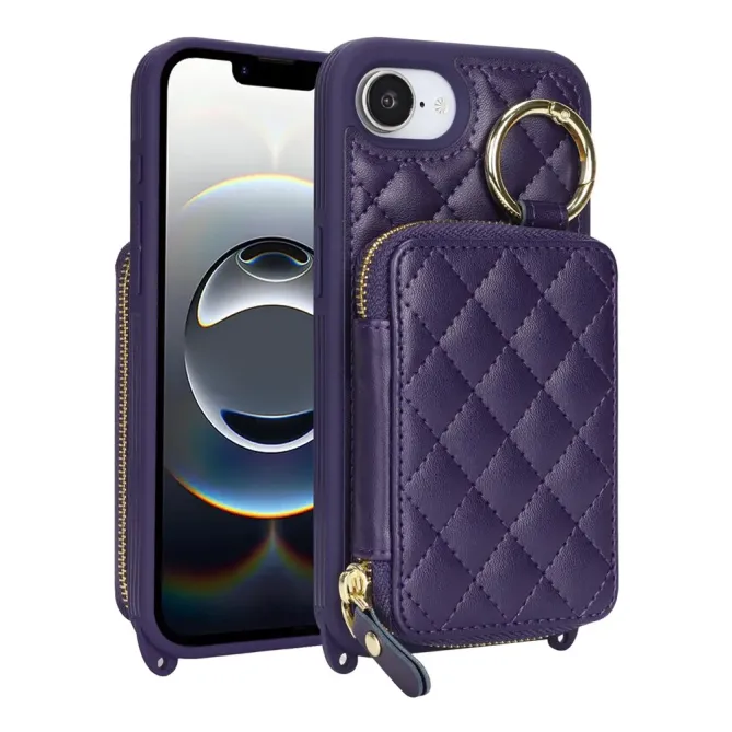 Coque iPhone 17e / 16e Portefeuille Zippé Matelassé avec Bandoulière