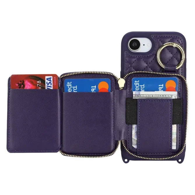 Coque iPhone 17e / 16e Portefeuille Zippé Matelassé avec Bandoulière
